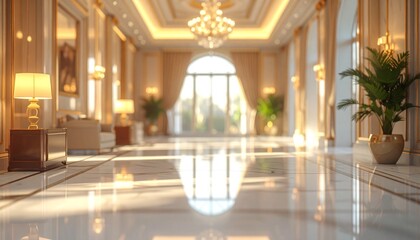 Opulent Hotel Lobby with Marble Floors and Elegant Lighting.