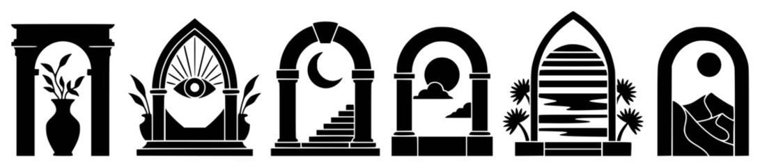 Collection of black silhouette architectural arches with various celestial and natural