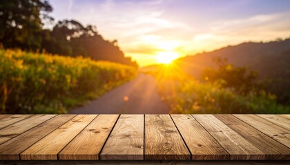 Wooden Table with a Beautiful Sunset Landscape Background.