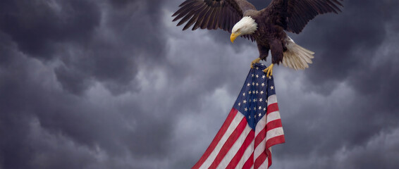 Background with Bald earlge rescues American flag  against dark stormy sky with wings spread. Veterans Day, Patriot Day, Memorial Day