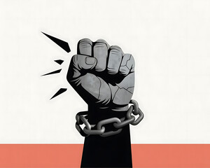 Black  Power Fist Emblem hand icon with Broken Chains Symbol of Freedom fare, Protest and Liberation on red line and white background.