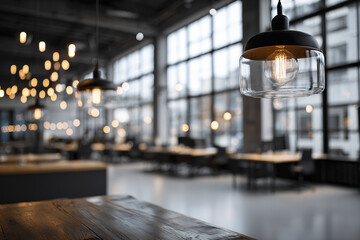 Modern pendant light with exposed filament bulb hanging over wooden table in spacious office with large windows and blurred background creating warm ambiance
