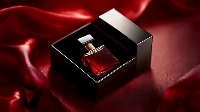A closeup shot of a perfume bottle in a black box with a red satin background. The bottle is rectangular with a gold cap and a red liquid inside. The box has a sleek.