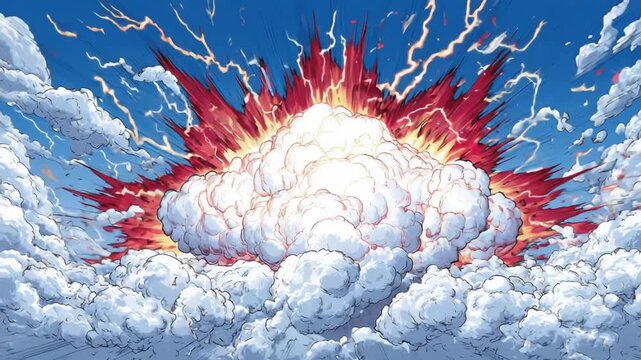 Dramatic comic style explosion with bright red flames and dense clouds bursting in vivid blue sky above