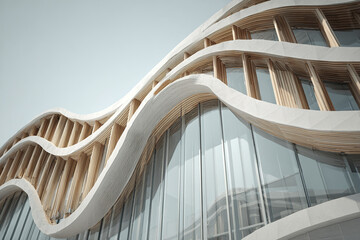 Modern building facade with wave shaped architectural louvers and large glass windows reflecting sky, showcasing contemporary design and smooth curves in neutral tones