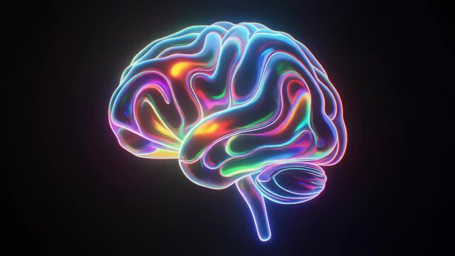Neon Brain Illustration Rotating on Black Background.