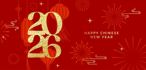 Chinese New Year 2026 banner, gold number, red background