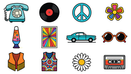 Vibrant collection of retro icons representing the 1960s counterculture movement through various symbolic illustrations