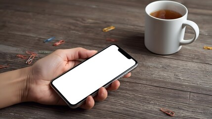 Technology Break: A serene scene unfolds as a hand delicately holds a smartphone with a blank screen, near a cup of tea, inviting a moment of tranquility and focus.