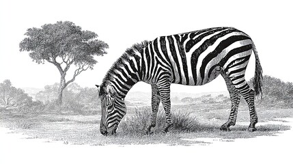 Grazing zebra in savanna landscape with acacia tree in detailed wildlife engraving sketch illustration style