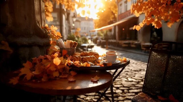 Paris, France, Europe. autumn cafe scene with croissants and coffee on cobblestone streetcroissants on a table with autumn leaves, and a cup of coffee on a saucer.