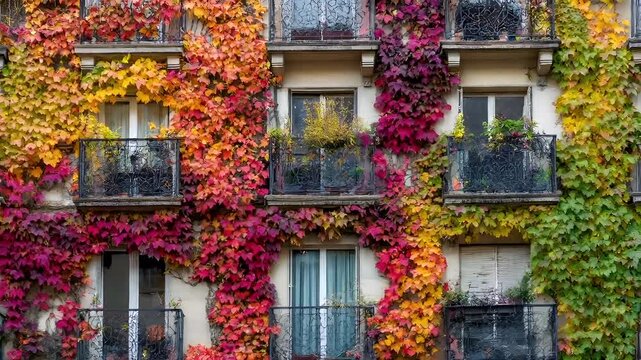 A multistory building adorned with a vibrant array of autumn leaves cascading down its facade. The buildings facade is a blend of white and beige, with each floor covered in a lush green ivy.