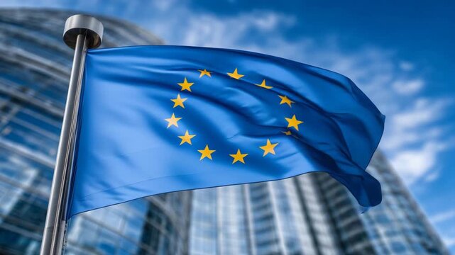 31Wide-angle view of a modern European institution with towering glass walls, EU flag flying prominently in the foreground, clouds drifting above to symbolize hope and cohesion