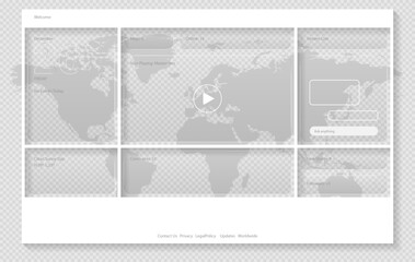 Vector landing page interface with transparent cards and dashboard layout featuring media blocks video player widgets world map panels and content sections for website and web platform design