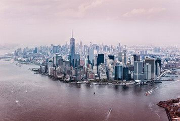 Lower manhattan skyline dominating new york city's urban landscape