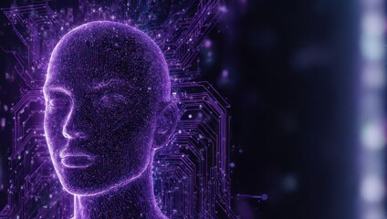 Futuristic AI Head - Purple Hologram of Artificial Intelligence Concept.