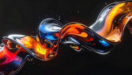 3d iridescent liquid glass ribbon wave line with neon rainbow light texture on abstract black background. Holographic gradient water flow with speed motion effect. Digital tech banner. 3D illustration