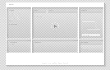 Contemporary vector glassmorphism web interface with transparent buttons and frosted panels for website design and landing pages, featuring media playback blocks, streaming dashboard elements