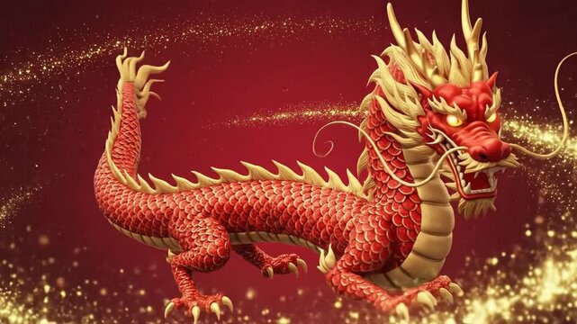 Ornate red Chinese dragon illustration with golden sparkles in festive celebration.