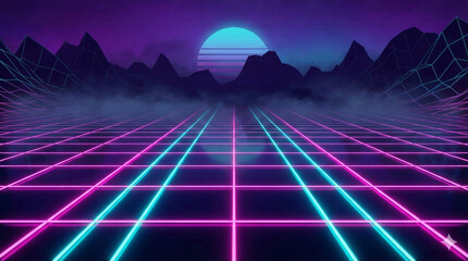 Retro futuristic neon grid with glowing pink and cyan lines for digital technology background.