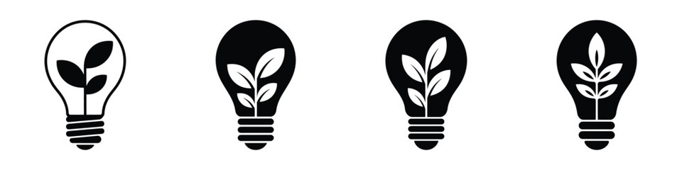 Light bulb with plant icon set – eco innovation, green energy, sustainability, and environmental creativity concept in black silhouette design symbolizing growth, nature, and smart ideas © Parvez