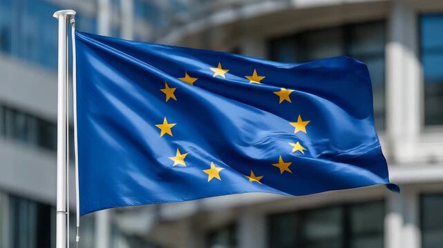 35EU flag billowing in the wind near a state-of-the-art headquarters, golden stars glowing against vibrant blue fabric, symbolizing democratic ideals and cross-border collaboration