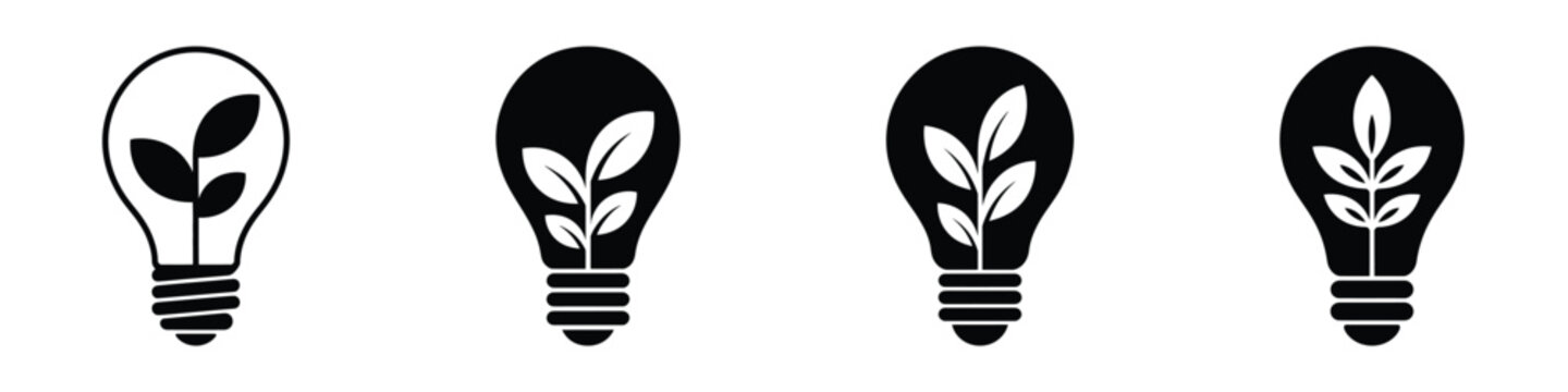 Light bulb with plant icon set &ndash; eco innovation, green energy, sustainability, and environmental creativity concept in black silhouette design symbolizing growth, nature, and smart ideas