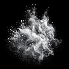 Explosion of White Powder Particles Against a Dark Black Background Isolated