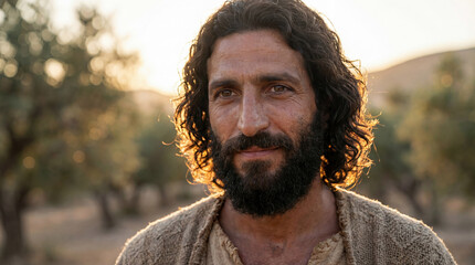 Portrait of Jesus Christ with beard and long hair looking with kindness. Biblical scene in olive grove at sunset with warm backlight. Religious concept of hope and spirituality.