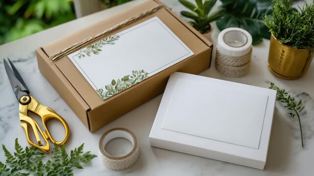 41Top-down view of packaging supplies on a clean white table, showing box cutters, packing filler, rolls of tape, and folded mailers in a visually appealing layout, minimalist aesthe