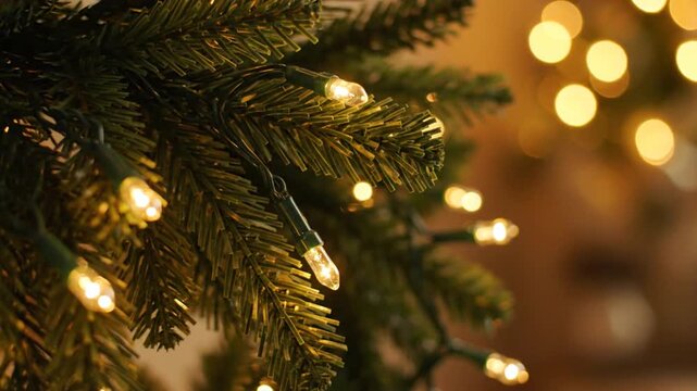 a close-up of a Christmas tree with warm lights in the background . use as multipurpose tittle intro, background. product mockup. motion graphics background