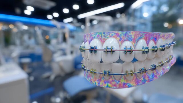 44Detailed dental model with rainbow-colored metal braces, high-resolution focus on tooth texture, bracket placement, and archwire tension, set against a modern orthodontic clinic ba