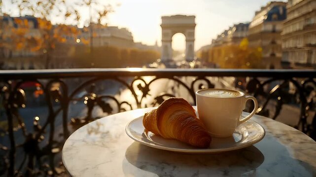Paris, France, Europe. A closeup shot of a croissant and a cup of coffee on a table. The croissants are golden brown with a flaky texture, and they are placed on a white saucer.
