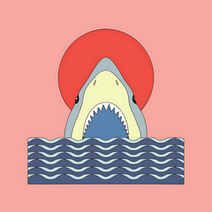 An angry Teal Shark Logo icon with Open Mouth over Black and White Stripes and Red Sun Modern Flat Graphic Design on White.