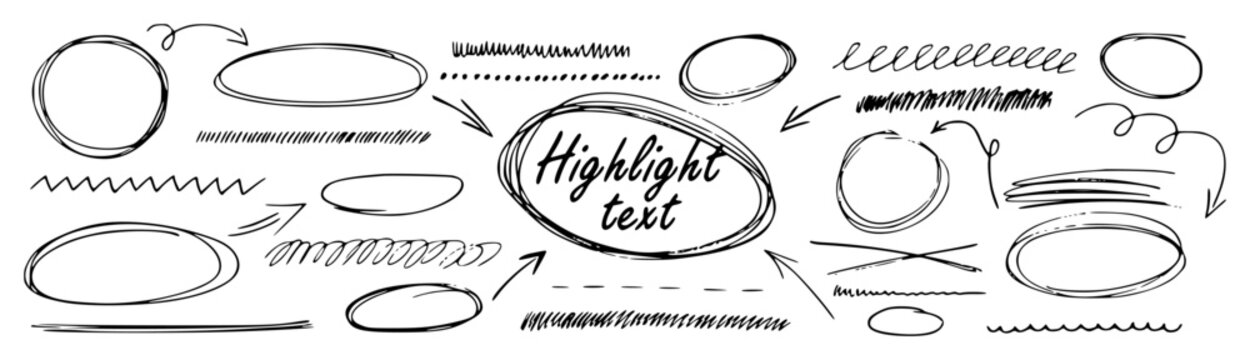 Collection of hand drawn black sketchy circles ovals arrows and lines white