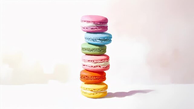 Paris, France, Europe. A stack of colorful macarons on a white surface with a gradient background transitioning from white to light blue.