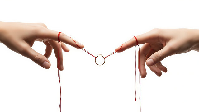 Two hands connect with red string holding engagement ring symbolizing destiny and connection
