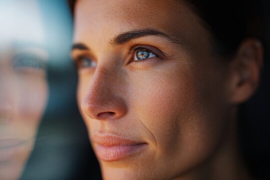 Woman with thoughtful expression gazes out with kind eyes