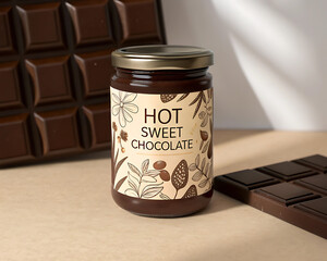 Luxury Dark Brown Glass Jar Mockup with Gold Leaf Pattern Label in Chocolate Themed and Premium Product Presentation on chocolate bar background.