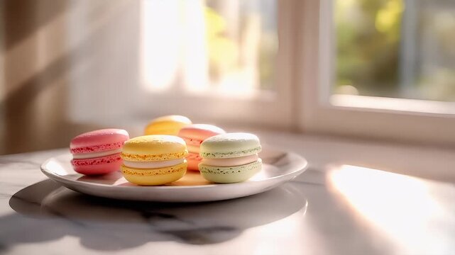 Paris, France, Europe. A closeup of a plate of macarons on a marble surface, with a window in the background revealing a bright, sunlit interior. The macaron display is vibrant and colorful.