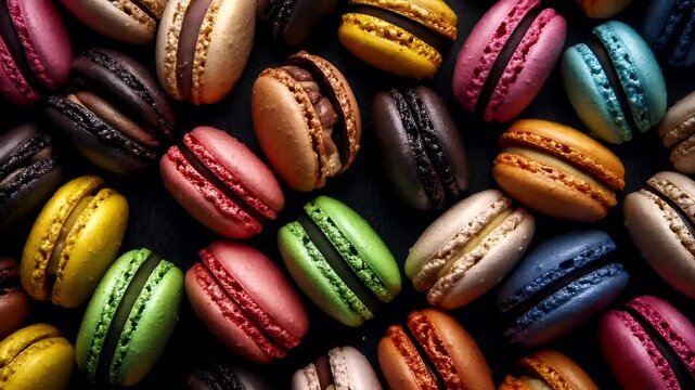 Paris, France, Europe. A closeup view of a vibrant assortment of macarons, each with its own unique color and texture. The macaron assortment is arranged in a grid pattern.