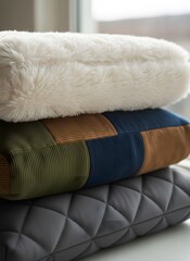 Naklejka premium Stacked decorative cushions with diverse textures: fluffy white, ribbed multicolor, and quilted gray for modern home interior.