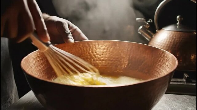 Chef whisking ingredients in hammered copper bowl with steam rising in dark kitchen