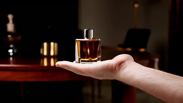 A closeup of a persons hand holding a perfume bottle. The bottle is rectangular with a silver cap and a transparent body, filled with amber liquid. The persons fingers are slightly curled.