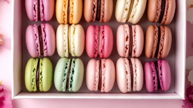 Paris, France, Europe. A collection of macarons in a rectangular box on a pink background. The box is set against a pastel pink backdrop.