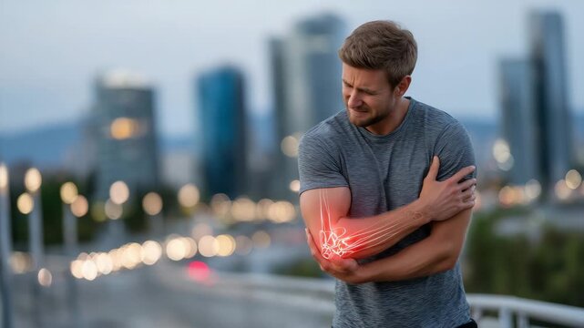 54Athlete pausing during outdoor workout, gripping his elbow tightly, with a holographic-style glowing anatomy highlight exposing the elbow bones, modern cityscape in soft focus behi