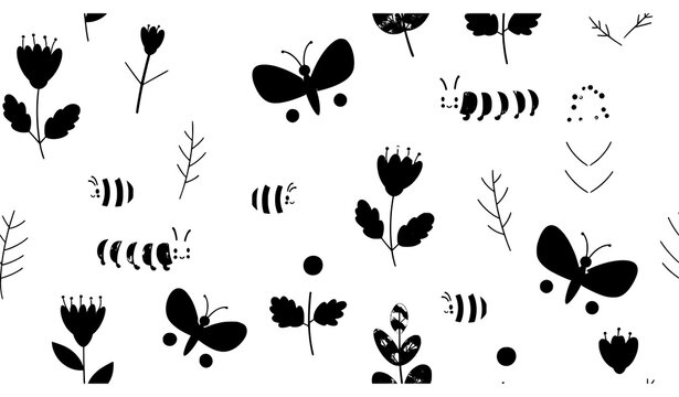 Colorful children nature seamless pattern flowers leaves insects vector