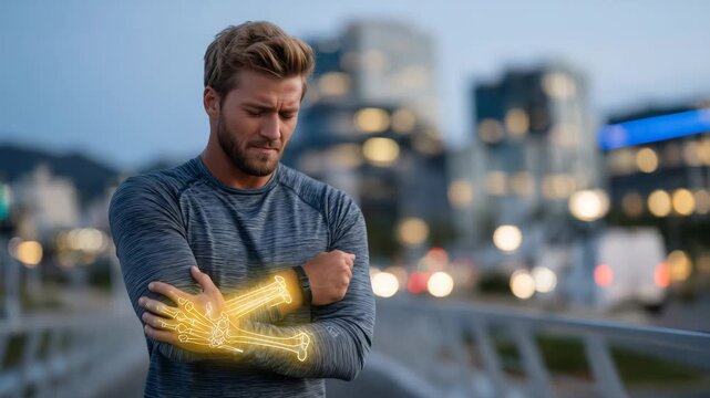 55Athlete pausing during outdoor workout, gripping his elbow tightly, with a holographic-style glowing anatomy highlight exposing the elbow bones, modern cityscape in soft focus behi