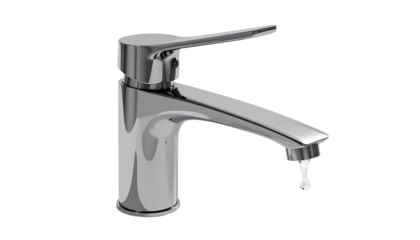 Isolated Shiny Silver Faucet with Dripping Water Drop