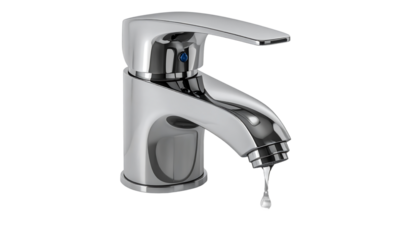Isolated Shiny Silver Faucet with Dripping Water Drop